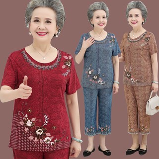 Bộ quần áo cho người già mùa hè thoáng mát cao cấp - Bộ quần áo hè cộc tay lụa polyester thoáng mát cho người già