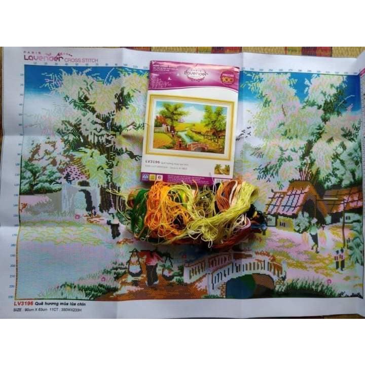 Tranh thêu đồng quê KT:90x63cm,tranh chưa thêu.Tặng kéo và xỏ chỉ.