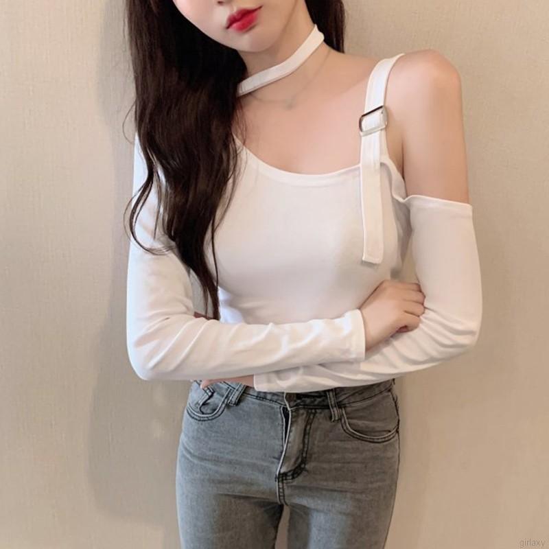 Áo Thun Tay Dài Hở Vai Màu Trơn Phong Cách Hàn Quốc