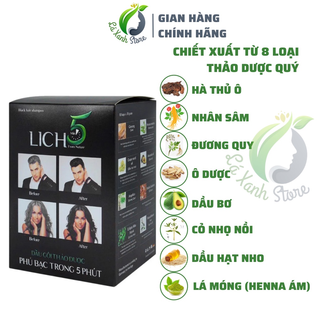 Dâu Gội Thảo Dược Phủ Bạc trong 5 phút Lich5 - Thảo Dược Đen Tóc Cỏ cây hoa lá 10 gói