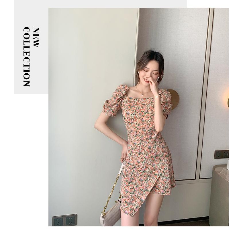 French bubble sleeves square collar floral dress waist show small irregular skirt | BigBuy360 - bigbuy360.vn