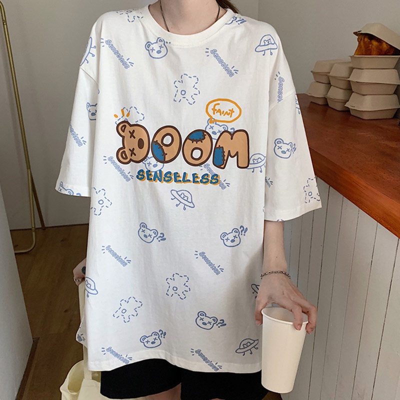 Áo Thun Ngắn Tay Dáng Rộng In Hình Gấu Kiểu Hàn Quốc Thời Trang Mùa Hè Cho Nữ