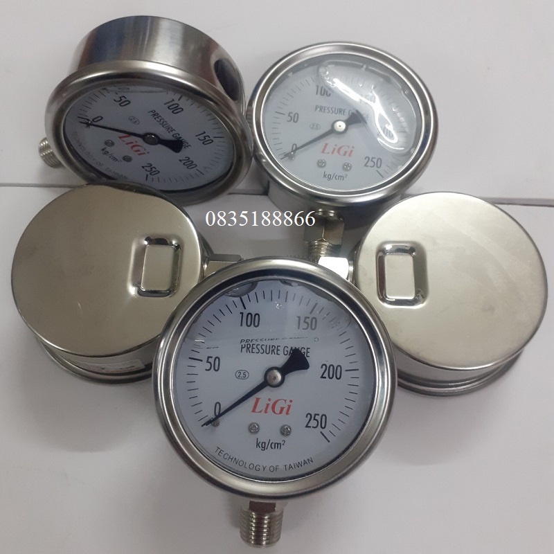 Đồng hồ đo áp suất khí nén hơi nước loại 250kg mặt 63mm chân đứng ren 13mm có dầu LiGi