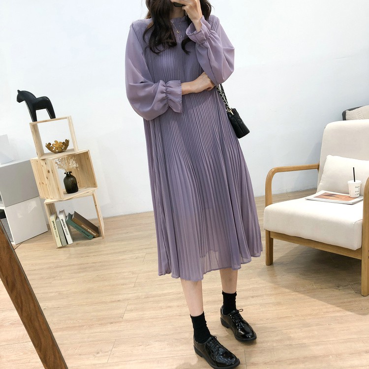 Đầm Voan Cổ Đứng Xếp Ly Tay Loe Mềm Mại Thanh Lịch Phong Cách Hàn Quốc