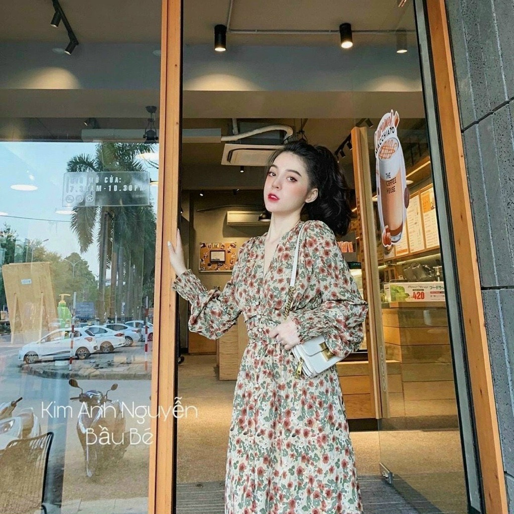 Đầm Voan Dày Mịn Cổ Chữ V Kèm Nút Giả Tay Dài Phối In Nhiều Hoa Dễ Thương TTSA1631