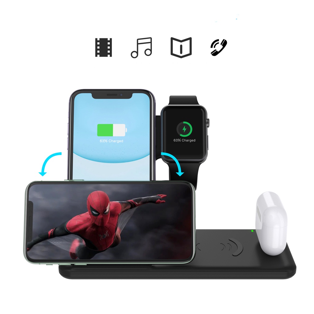 Đế sạc không dây đa năng 4 in 1 công suất 15W - sạc không dây các dòng iPhone, Apple Watch, Airpod, Samsung, xiaomi