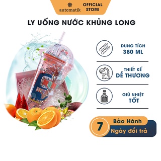 Ly Uống Nước Khủng Long Cute, Ly Giữ Nhiệt 2 Lớp Kim Tuyến 3D Kèm Ống Hút - Automatik