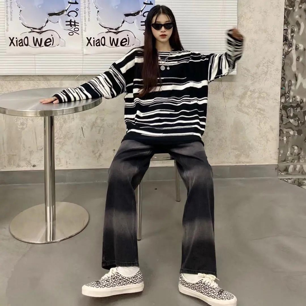 Quần Jean Dài Eo Cao Dáng Rộng In Màu Nhuộm Đen Phong Cách Hàn Quốc Thời Trang Cho Nam Và Nữ