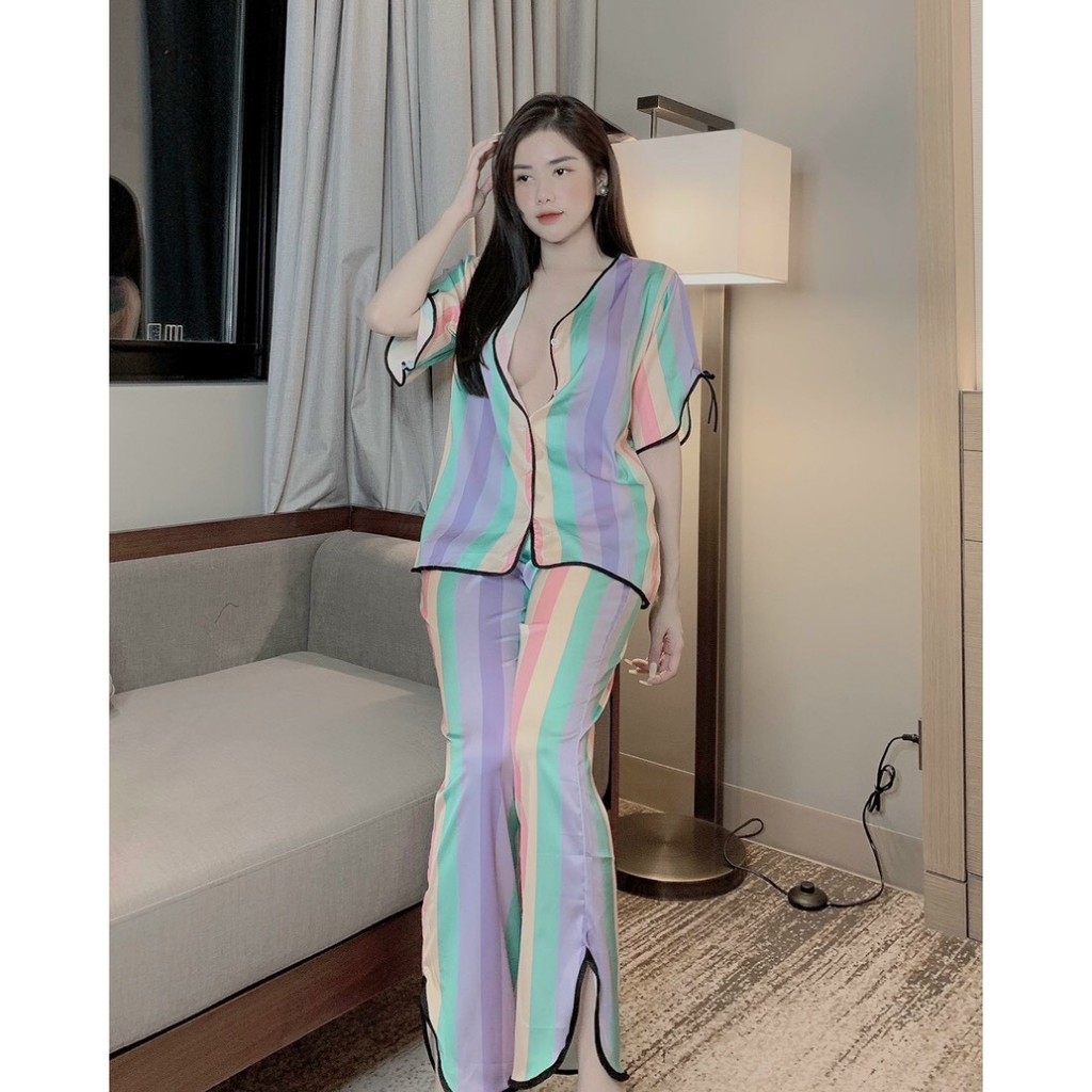 Đồ mặc nhà Lụa satin Pijama tay ngắn quần dài Form dưới 60 kí nhiều mẫu | BigBuy360 - bigbuy360.vn