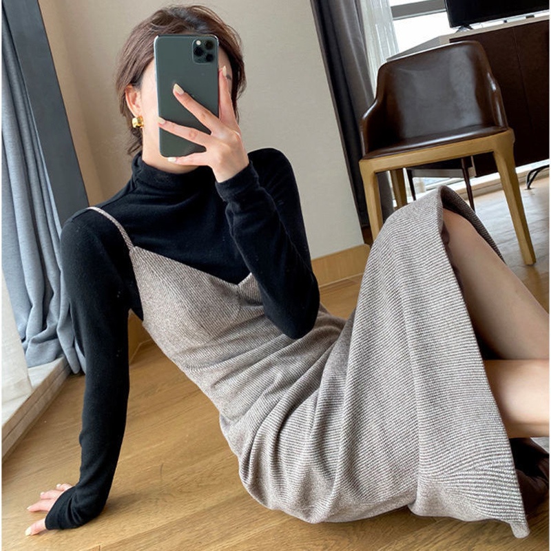 Bộ đồ IELGY gồm đầm và áo tay dài màu đen thời trang phong cách Hàn Quốc dành cho nữ