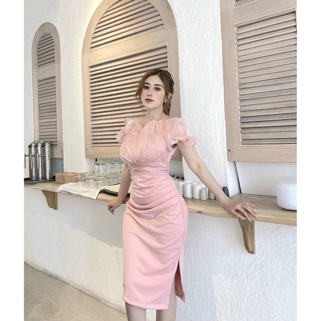 Váy đầm nữ body hở vai,tay ngắn bồng cao cấp sang chảnh dự tiệc trẻ trung màu hồng,đen,trắng thanh lịch dịu dàng | BigBuy360 - bigbuy360.vn