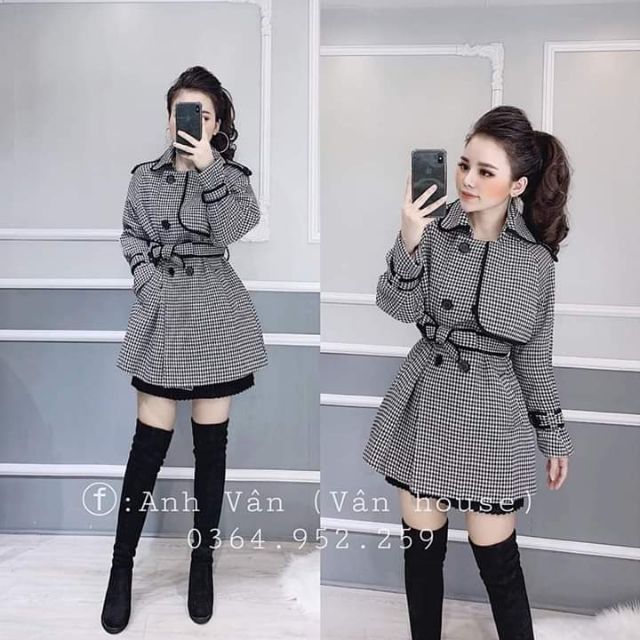 ÁO DẠ KẺ MANGTO Kèm ĐAI kèm hình thật trải sàn