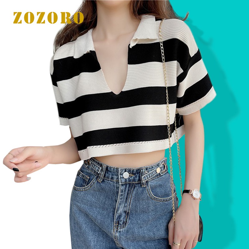 Áo croptop form rộng cổ polo tay lỡ kiểu dáng sọc ngang phối 2 màu chất liệu dệt kim cao cấp - ACN18