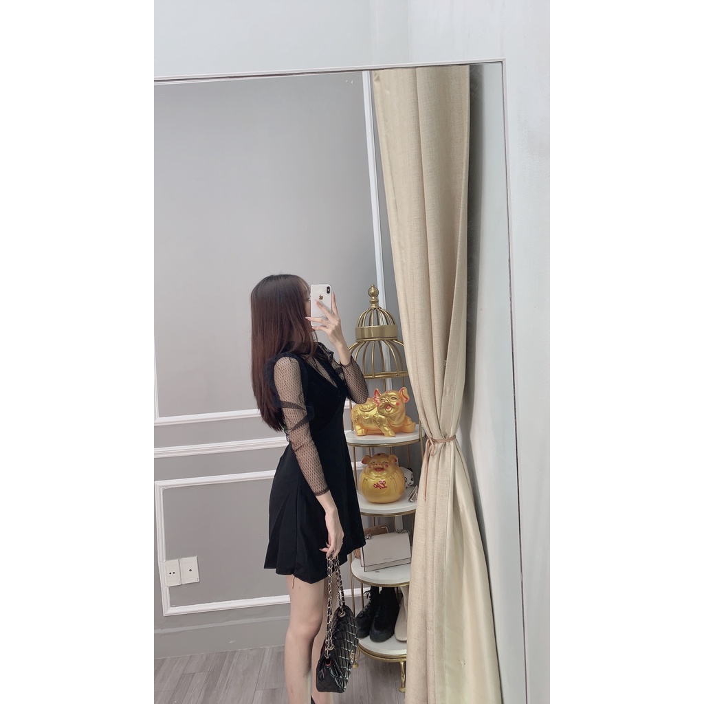 Đầm body dự tiệc phối tay lưới 2023 sang trọng màu đen