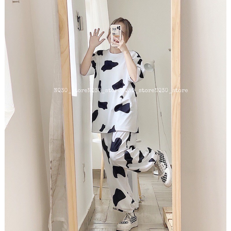 Set quần áo nữ ống rộng họa tiết loang bò sữa thời trang unisex/ Áo thun tay lỡ phối quần jogger chun ống_veestore | BigBuy360 - bigbuy360.vn