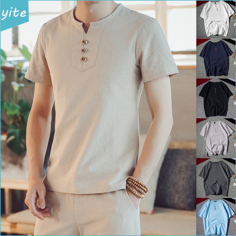 Áo Sơ Mi Nam Cổ Chữ V Tay Ngắn Màu Trơn Dáng Ôm Thời Trang Mùa Hè Size M-5XL
