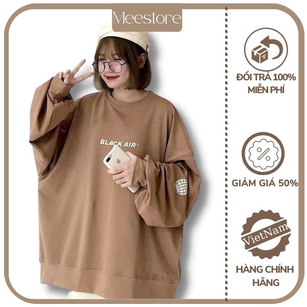 Áo Nỉ Black Air Mee nữ - Sweater tay bồng dáng rộng nỉ bông. thun dài tay thêu chữ phong cách Hàn Quốc