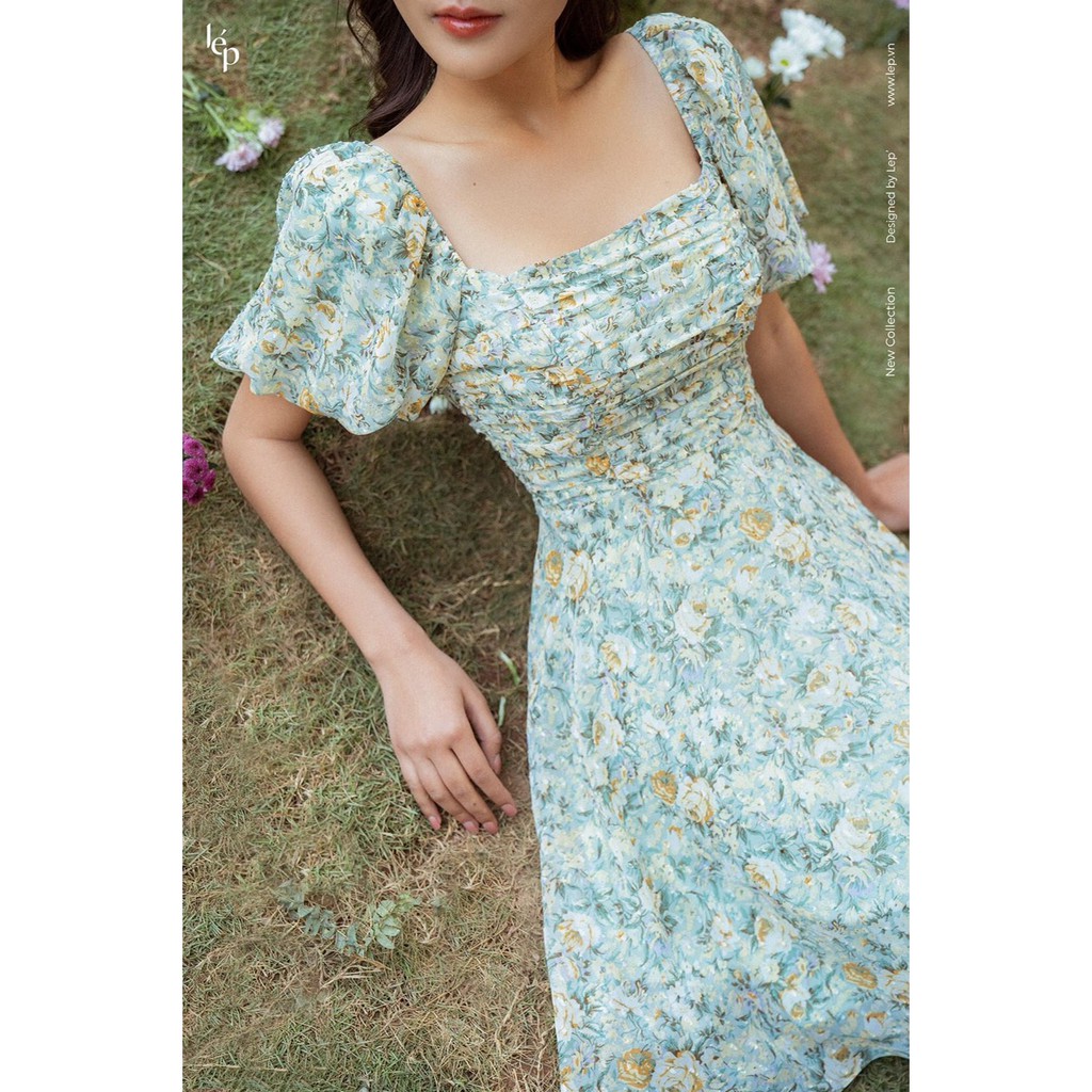 Đầm Hoa Nhún Ngực Tay Bồng Dáng Xòe 2 Lớp - Đầm Thiết Kế Nữ