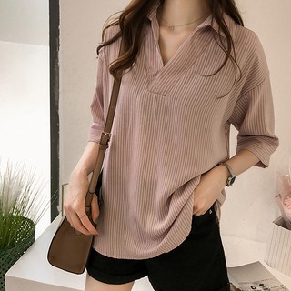 Áo nữ CCVN tay dài dáng rộng họa tiết kẻ sọc thoải mái