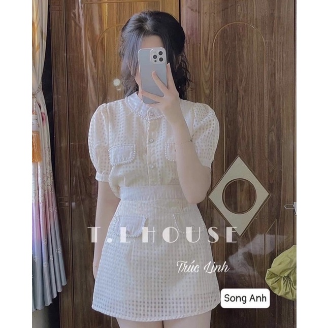 Set váy trắng tiểu thư viền ngọc chất liệu đũi xốp