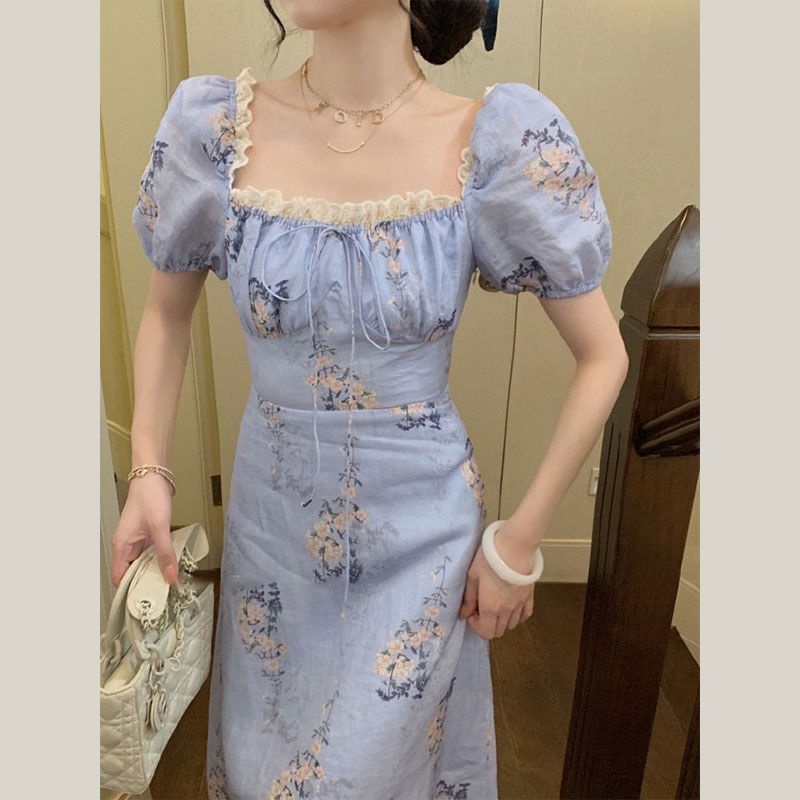 Đầm Tay Phồng Cổ Vuông In Hoa Màu Xanh Dương Phong Cách Mới Thời Trang Mùa Hè Xinh Xắn
