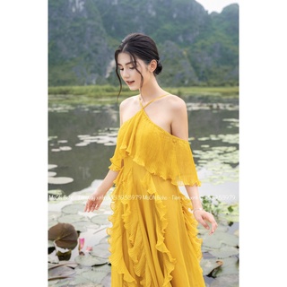 Moon boho - maxi vàng trễ vai bèo dập ly