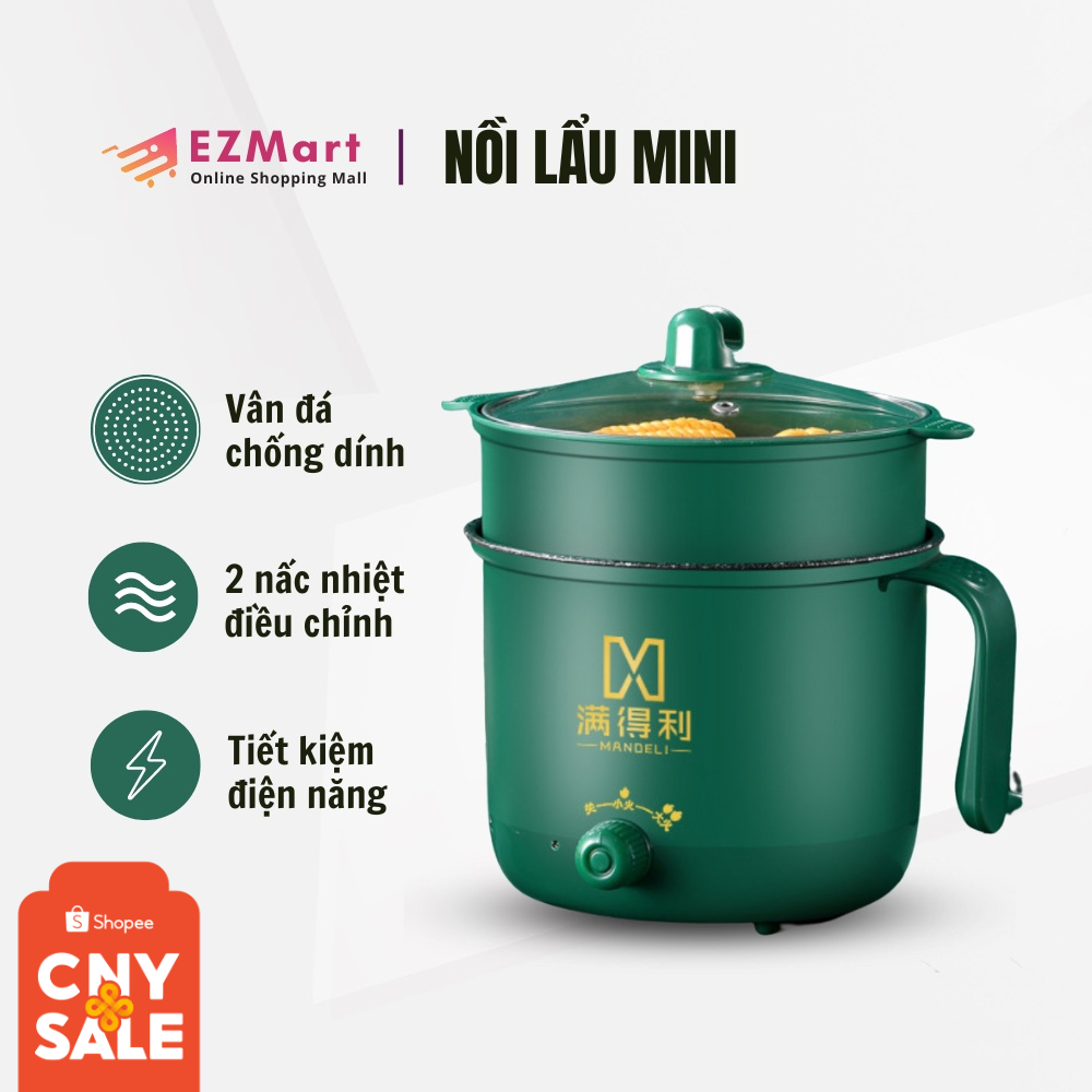 Nồi Lẩu Điện Đa Năng Mini 1.8L Kèm Giá Hấp, Ca Nấu Mì Có Tay Cầm 2 Nấc Nhiệt Mẫu Mới 2022