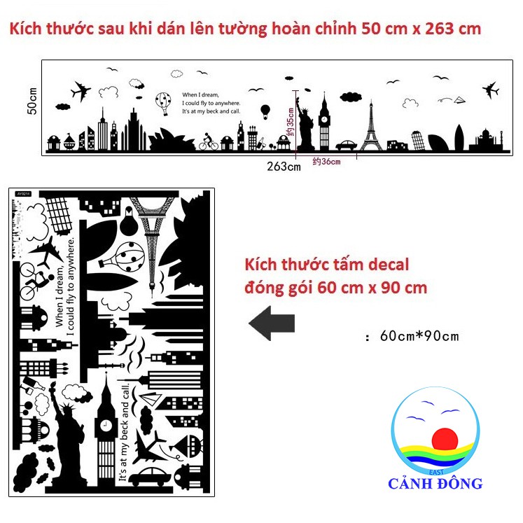 Decal dán tường địa điểm du lịch thế giới đen trắng