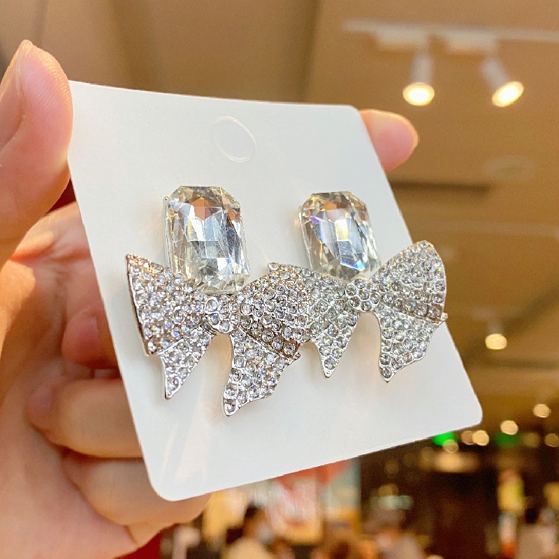 Cặp bông tai mạ bạc 925 hình nơ đính đá sang trọng