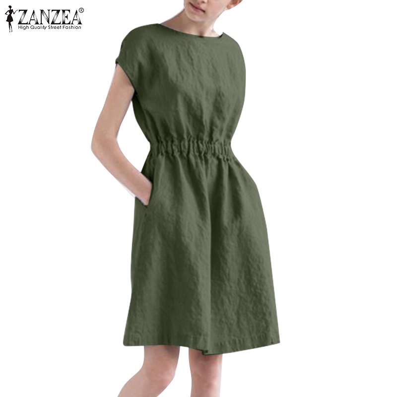 Đầm ZANZEA cotton ngắn tay lưng thun phối túi phong cách châu âu cho nữ