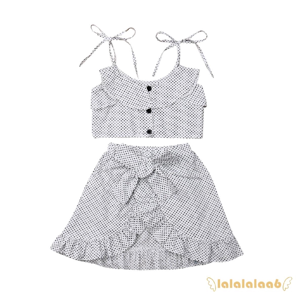 Set áo thun ngắn tay họa tiết chấm bi + Chân váy xòe xinh xắn cho bé gái