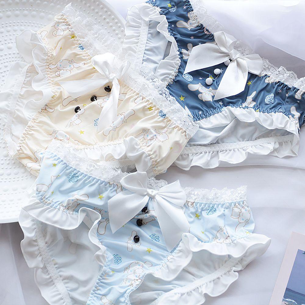 Quần Lót Cotton Lưng Thấp Phối Bèo Đính Nơ Họa Tiết Hoạt Hình Dễ Thương Phong Cách Nhật Bản