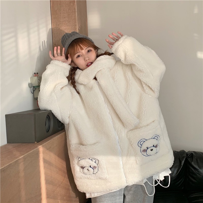 Áo khoác BEAR lông cừu nữ có mũ kèm khăn xinh xắn _ VENUS
