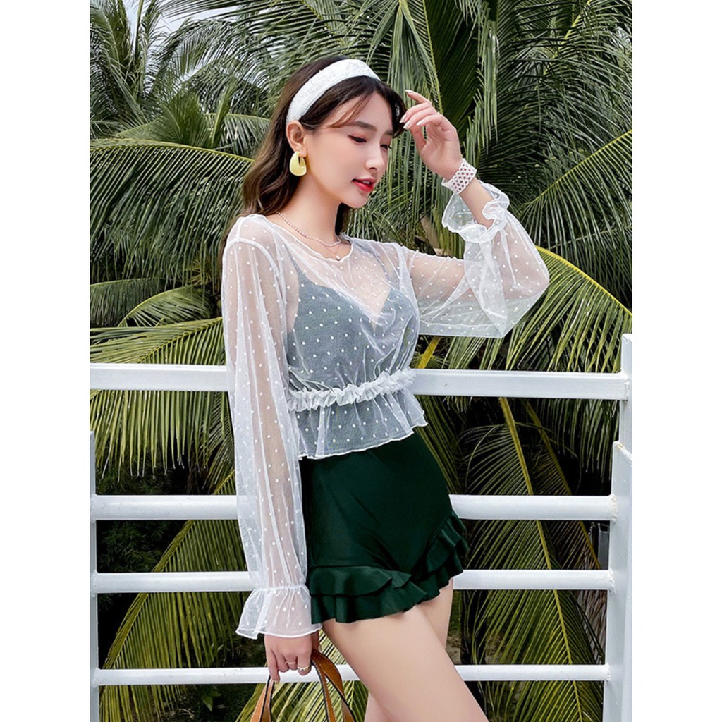 Bộ đồ bơi bikini nữ một mảnh liền thân đi tắm biển kèm áo croptop ren trắng chấm bi tiểu thư hot trend 2021