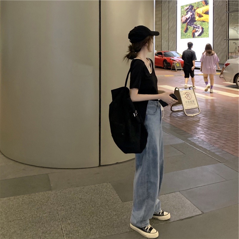 SUXI Áo thun tay ngắn cổ tròn màu đen thời trang mùa hè phong cách Hàn Quốc dành cho nữ