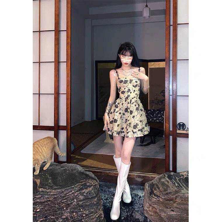 Hot!Đầm Chữ a Hai Dây In Họa Tiết Hoa Phong Cách Pháp Thời Trang Mùa Hè Cho Nữ