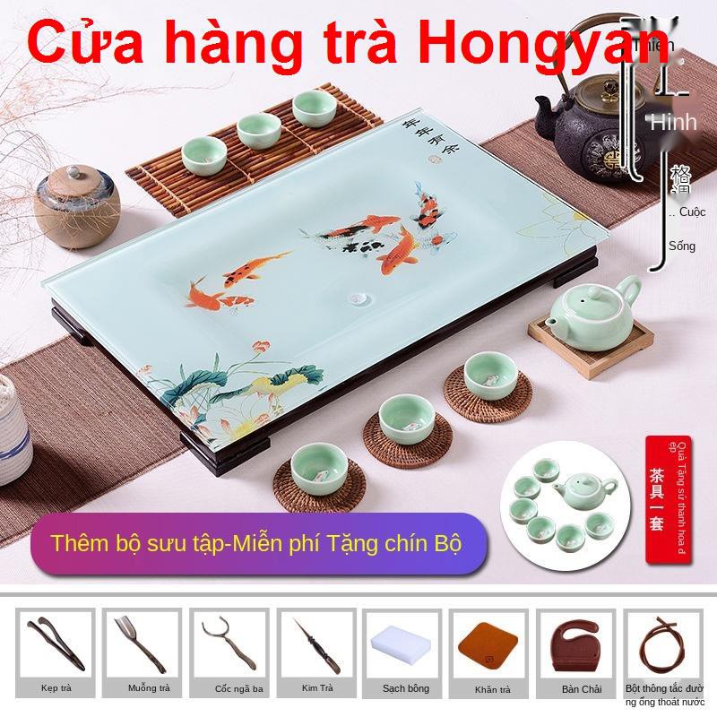 Vần cổ[Tặng bộ ấm trà khi đặt hàng] Loại thoát nước gia dụng Khay kính cường lực Bàn tráng men Kung Fu1