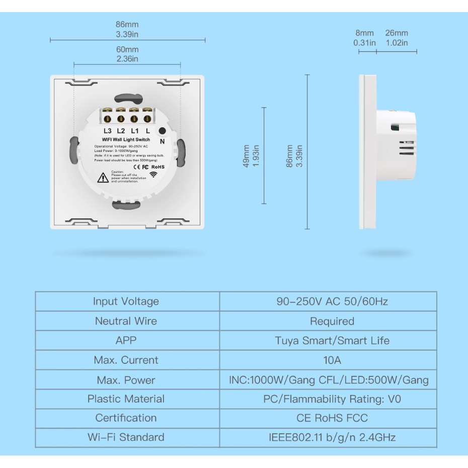 Công tắc thông minh Wifi mặt vuông 1, 2, 3 NÚT (App Tuya, SmartLife),Công tắc cảm  ứng mặt vuông -HÌNH THẬT GIAO NGAY