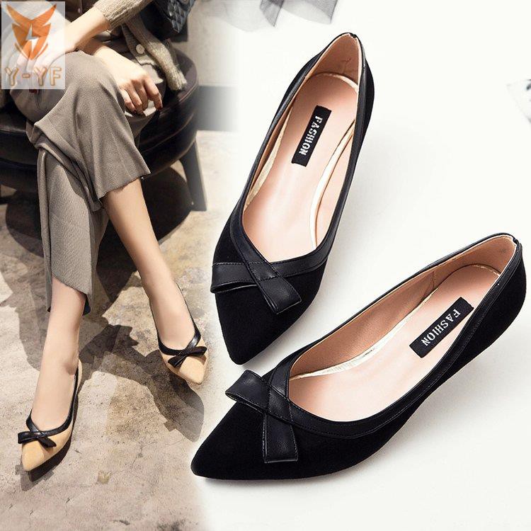 [High quality]Women's shoes 2021 season new Korean version of all-match pointed shallow mouth bow high heels stiletto mid-heel work shoes