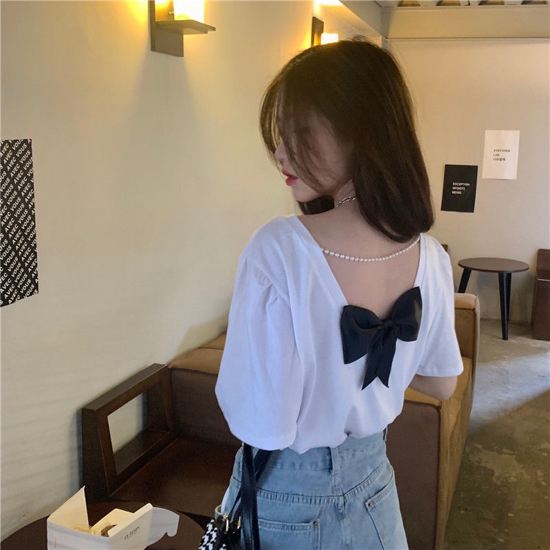 Áo phông hở lưng nơ Áo Thun Trắng Ngắn Tay Dáng Rộng Cột Nơ 3 Màu