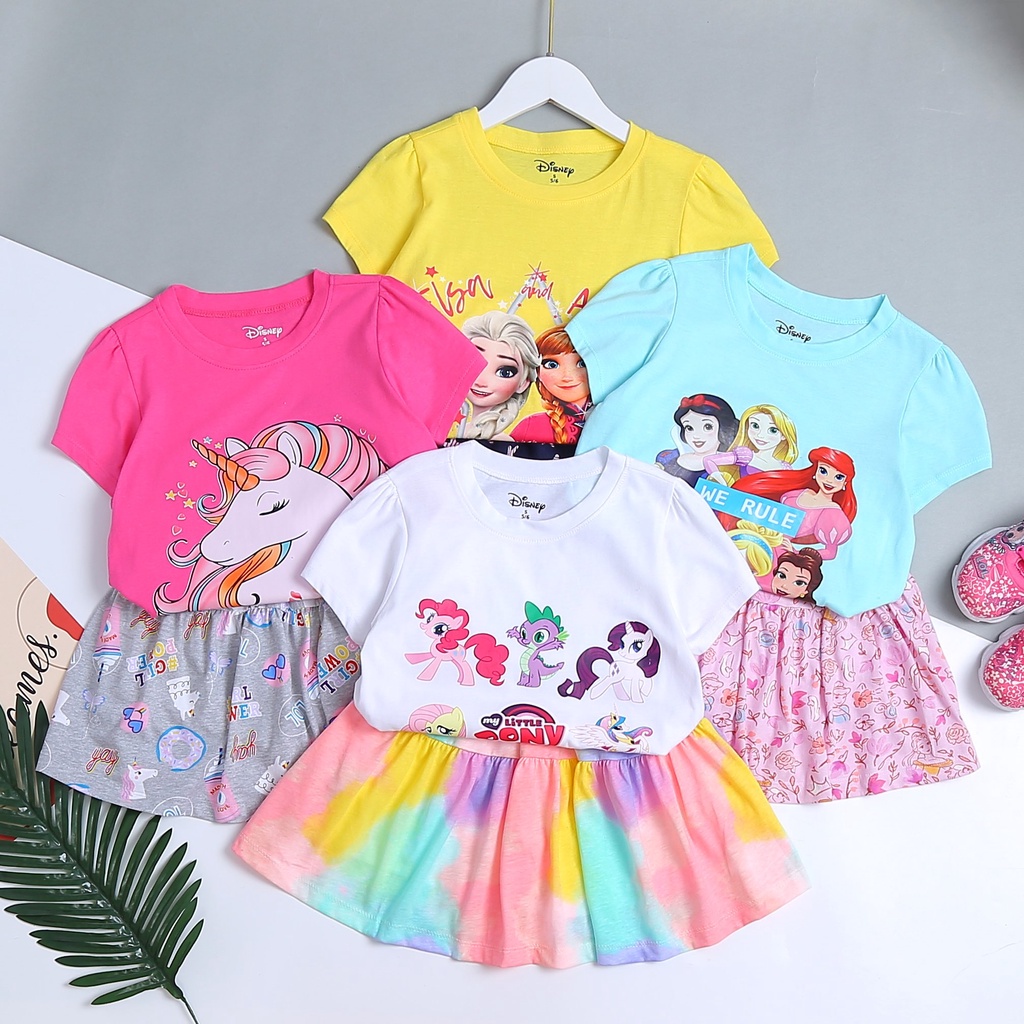 Set áo + váy ngắn tay thun cotton bé gái in 3D Disney Bạch Tuyết, Elsa, Mickey và Pony size 4-14T