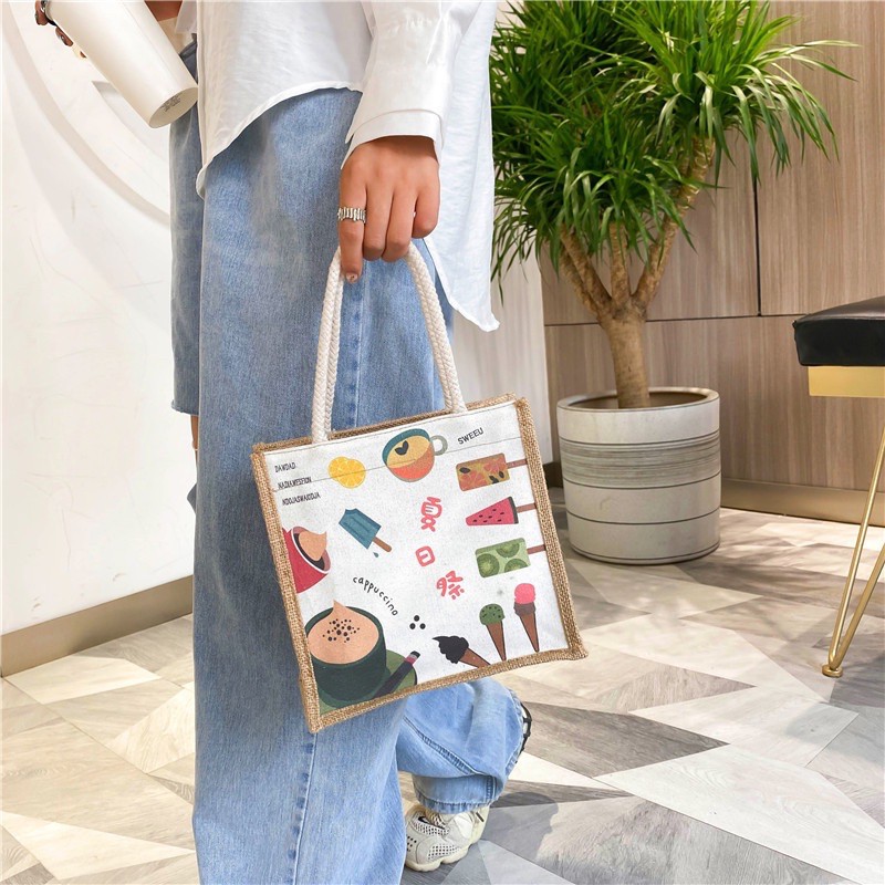 Túi Tote Cói Vải Bố Canvas Hot trend 2021 Có Khoá Đựng Đồ Hoạ Tiết Dễ Thương TOPBRA