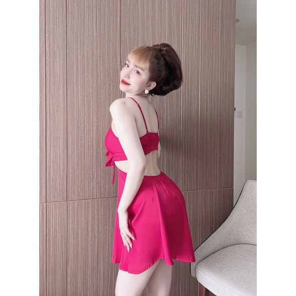Đầm ngủ nữ 2 dây phối ren sexy hở lưng TUTA chất vải luạ satin cao cấp mềm mượt thoáng mát (Tặng kèm quần ngủ lụa)-dn039