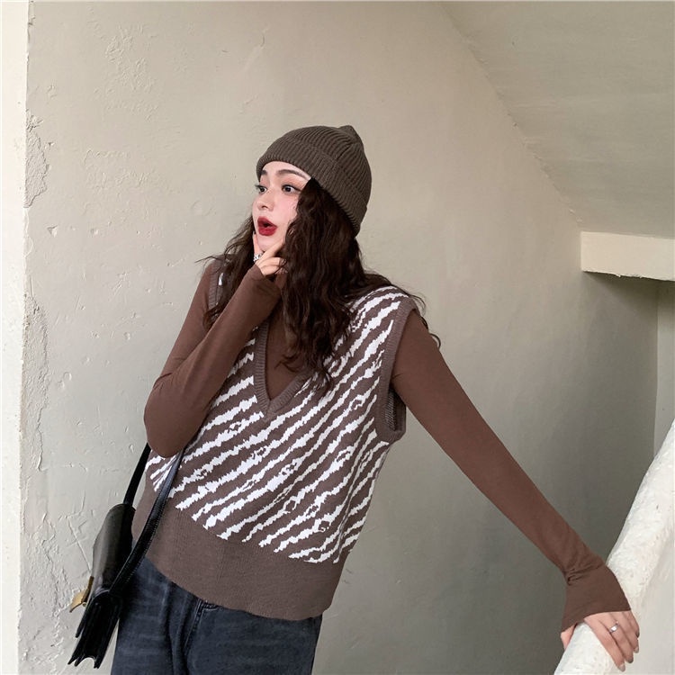 Áo Len Không Tay Dáng Rộng Họa Tiết Sọc Caro Phong Cách Retro Hàn Quốc