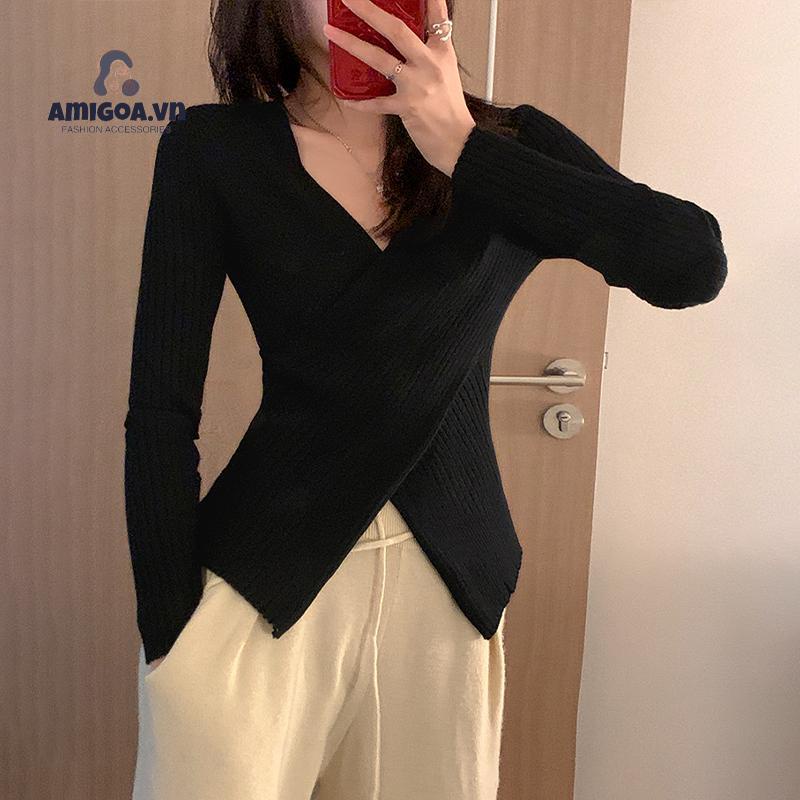 [amigoa.acc] Áo Sweater Dệt Kim Cổ Chữ V Dáng Ôm Ngắn Dày Dặn Thời Trang Thu Đông Cho Nữ