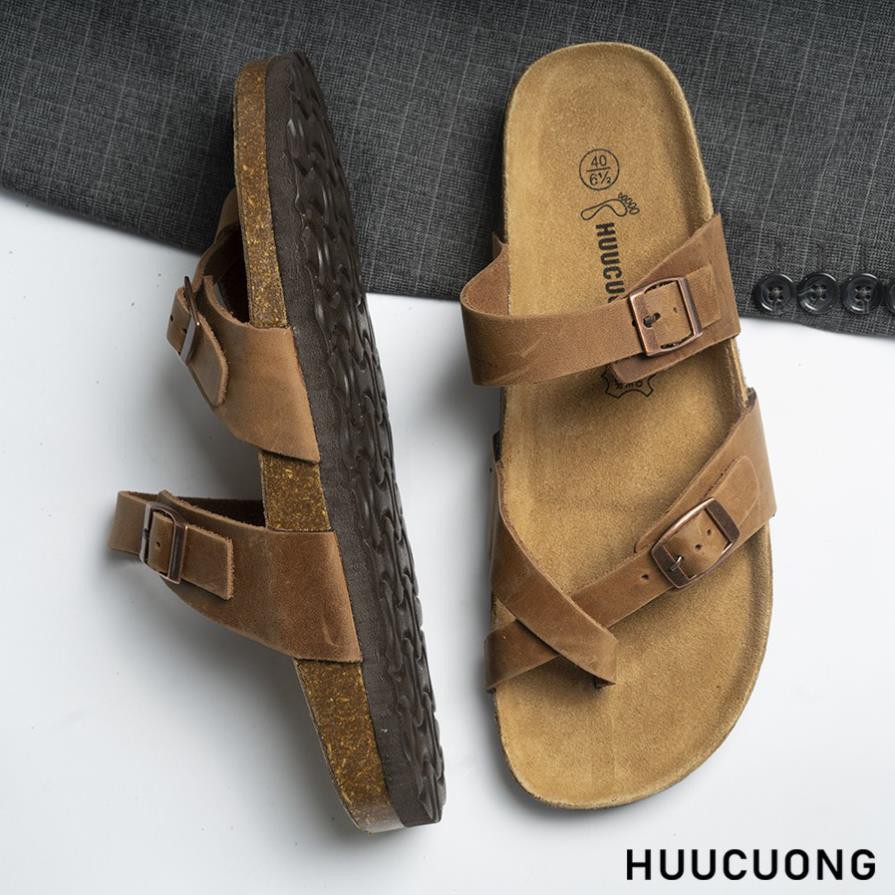 Dép unisex Xỏ Ngón HUUCUONG Quai Da Thật Màu Nâu Đế Trấu