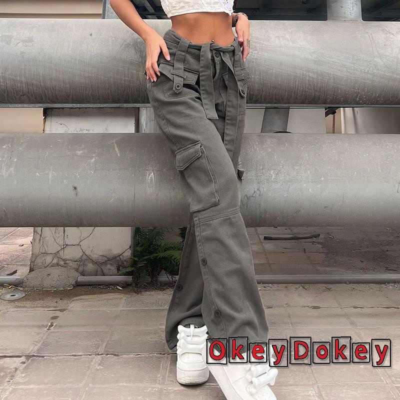 Odokey Quần Jean Nữ Y2K Khóa Kéo Màu Trơn Hàng Ngày Có Túi Và Thắt Lưng