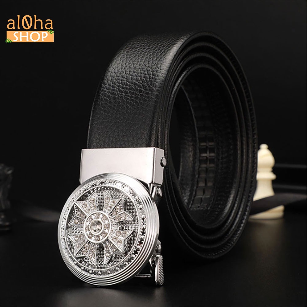 Thắt lưng da nam cao cấp mặt tròn đính đá xoay 360, khoá tự động - al0ha Shop