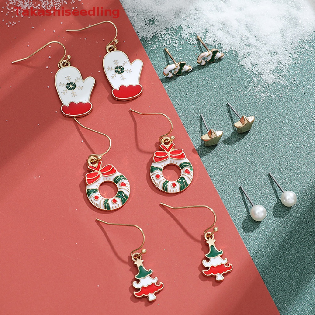 (Takashiseedling) 6 pairs Christmas Earrings Set Santa Claus Snowflake Bells Elk Earrings Six-piece Christmas Earrings Female