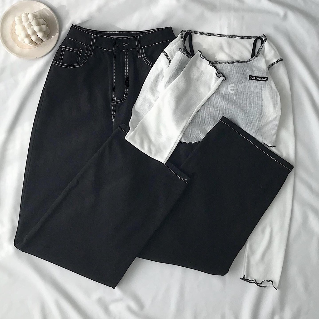 [ HỚN HỞ ] QUẦN JEANS ỐNG RỘNG NỮ LƯNG CAO LAI CUỐN MÀU ĐEN CHỈ NỔI FORM DÀY DẶN MỀM MỊN CAO CẤP NITI PHONG CÁCH NỔI BẬT